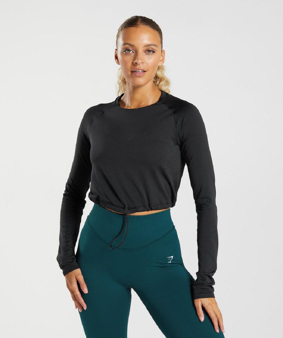 Przycięte Topy Damskie Gymshark Sweat Seamless Long Sleeve Czarne | PL 2661TCE